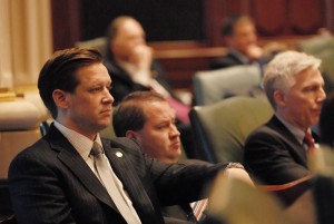 State Sen. Dan Duffy (left), R-Lake Barrington, listens to Senate discussions in Springfield. Duffy is seeking to rescind a state law that allows ComEd to collect money from customers' bills for political contributions. Photo courtesy of State Sen. Dan Duffy 
