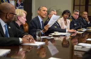  President Barack Obama speaks to the press after a meeting with members of the President's Task Force on 21st Century Policing, in the Roosevelt Room of the White House. Photo by Chuck Kennedy