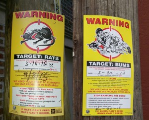 Posters that call for getting rid of “bums” and mimic Chicago's Department of Streets and Sanitation postings for getting rid of rats are being condemned by advocates for the homeless.  Photo by Jessalyn Daniszewki/Chronicle Media