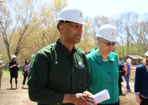 Arnold Randall, general superintendent of the Forest Preserve District of Cook County, walks with Preckwinkle during a tour of Camp Reinberg.  (Photo courtesy of Forest Preserve District of Cook County)