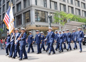 Crewmembers from Coast Guard Station Calumet Harbor  and members of the Coast Guard Auxiliary march in the Memorial Day Parade in Chicago. The parade is one of the biggest Memorial Day celebrations in the United States.  U.S. Coast Guard photo/PA3 George Degener