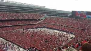 A sea of red adorns Soldier Field, during Thursday’s celebration. Photo by Mike Rubino