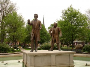 New additions to Heritage Area would now include all the sites of Lincoln’s legal career and Lincoln-Douglas debates.  Pictured are statues of Abraham Lincoln and Stephen A. Douglas in Washington Park, Ottawa, Illinois USA, near the site of the first of the 1858 Lincoln-Douglas Debates.  Photo by Ivo Shandor