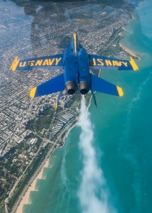A U.S. Navy Blue Angel flies over Chicago.  Photo courtesy of the City of Chicago