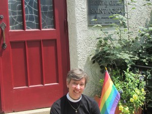 The Rev. Kara Wagner Sherer, rector of St. John's Episcopal Church on Chicago's Northwest Side, sits on the steps of the church, which is welcoming of gays, lesbian, bisexual and transgender individuals. (Photos by Kevin Beese/For Chronicle Media)