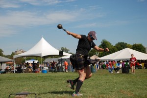 Kayleigh McLaren, of the Granite City-based Gateway Cabermen, demonstrates the art of weight throwing during one of the group's weekly practices. Cabermen members are currently training for next month's St. Louis Scottish Games and Cultural Festival in Chesterfield, Mo. One of numerous  Highland Games competitions now being held around the world, the St. Louis festival this year will play host to the Master World Championship of Scottish Heavy Athletics. In addition to weight throwing, heavy athletic events include sheave tossing, hammer slinging, and stone hurling, and caber (tree trunks) tossing, according to Cabermen organizer Nicholas McLaren.  Among those taking part in the Cabermen practices include former Granite City High School shot put stars, Brandi Jones and Cathy Jakich.
