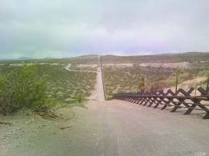 U.S./Mexico border, with vehicle barrier, in New Mexico and Chihuahua near International Boundary Monument number 9.  Photo -- MJCdetroit / Wikimedia Images