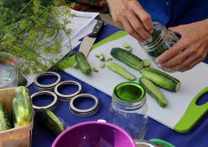 Laura Barr, University of Illinois Extension nutrition and wellness educator, demonstrates how to make dill pickles during one of her food preservation demonstrations at the Aurora Farmers Market. (Photo courtesy U of I Extension Kendall/Kane)