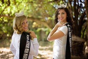 Miss Madison County Fair Queen Peyton Gehrs (on right) and Junior Miss Madison County Missy Huddleston pause following the 2015 Madison County Fair, July 21-24 in Highland. Also winning titles during the fair were Little Miss Madison County: Katie Garner and Miss Heart of Hartlieb Amy Raymond.  Photo courtesy: Madison County Fair
