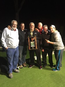 Rolling to title Italian Stallions team members (from left) Frank Macchione, Mike Ryzdon, Mike Marino, Marty Eagen, Joe LaRose and Mike Marino Jr. hoist the trophy after winning the Elmwood Park Bocce League championship last week.