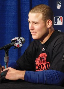  First baseman Anthony Rizzo has a sly, satisfied smile as he listens to a question at a post-game press conference after the Cubs beat the St. Louis Cardinals in the National League Division Series. (Chronicle photo)