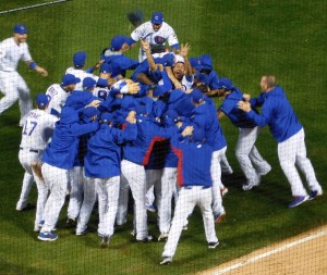 The view from the upper deck as Cubs players begin their celebration after beating the St. Louis Cardinals to win the 2015 National League Division series. They hope to repeat such a scene a few times this October(Chronicle photo) 