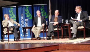 Former state representatives Tom Cross and James Nowlan and former Illinois Department of Revenue Director J. Thomas Johnson discuss the state financial problems at Aurora University on Nov. 19. (Photo by Jack McCarthy)