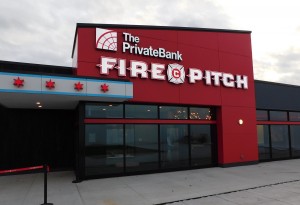 A exterior view of the Fire Pitch brick-and-mortar building featuring a restaurant/bar, team merchandise story, offices, meeting space and a workout facility. (Chronicle Media photo)
