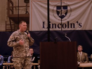 U.S. Army Maj. Gen. Richard J. Hayes Jr., the Adjutant General of the Illinois National Guard, addresses cadre, staff and cadets at Lincoln’s Challenge Academy during its annual Thanksgiving Program Nov. 24. Hayes stressed the importance of the LCA program and reassured cadets, cadre and staff members that the Illinois National Guard and its leadership are dedicated to the continued success of the program. (U.S. Army photo by Staff Sgt. Bryan Spreitzer, Illinois National Guard Public Affairs)