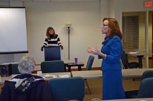 State Rep. Barbara Wheeler (right) and Karen M. Schultz, city director for Refuge for Women, hosted an information meeting on human trafficking. (Photo by Adela Crandell Durkee/for Chronicle Media)