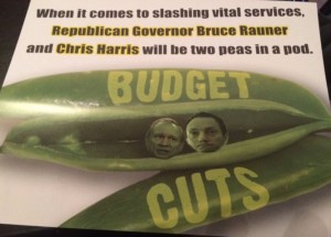 : Chris Welch sent out a mailing piece depicting a giant peapod with Rauner’s and Harris’ heads inside calling them “two peas in a pod.”  