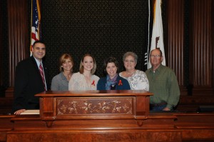 Rep. Michael Unes (from left), Co-sponsor of the Bill and representative of CMV mom Kathy Keefauver, Kathleen Jones (mother of Erica Steadman), Erica Steadman, Kathy Keefauver, CMV mom from Peoria, Jan Wys (Step-mother of Kathy Keefauver) and Fritz Wys (Father of Kathy Keefauver). 