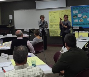 Strategic planning  Gail Johnson (left) and Pam Parr of Face to Face Communications and Training share their expertise and good will with Kendall County Health Department at the recent Board of Health Strategic Planning Kick Off. (Photo courtesy Kendall County Health Department)