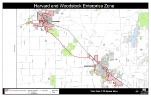 A plat map of the enterprise zone created by the cities of Harvard and Woodstock, along with McHenry County that was put into effect in January 2016, with approval by the Illinois Department of Commerce and Economic Opportunity. 