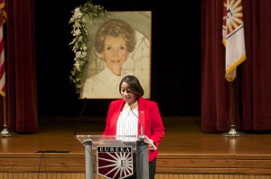 Dr. Jamel Santa Cruze Bell speaks during the Eureka College public memorial service honoring former First Lady Nancy Reagan. (Photo courtesy Eureka College)