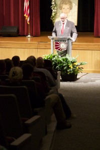 Eureka College President President J. David Arnold speaks at the memorial service for former First Lady Nancy Reagan on March 9. Arnold will become the school's chancellor in June. (Photo courtesy Eureka College) 
