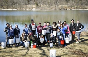 Eureka College students carried buckets of water from Lake Eureka to the college campus to raise funds and awareness for the sub-Saharan Africa Water Project on April 2.  (Photo courtesy of Eureka College) 