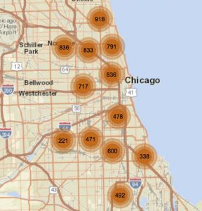 Map of Chicago rat abatement calls by location in March and April, 2016 Source: City of Chicago data portal 