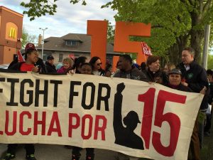 Local fast food workers from the “Fight for $15” movement gathered at an Oak Park McDonald’s and then spoke at a board meeting at the Village Hall May 2. (Photo by Jean Lotus/Chronicle Media) 