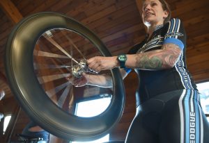 Val Brostrom of Chicago, race director, prepares for the cycling season opener in Northbrook at the Ed Rudolph Velodrome. 