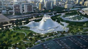 The George Lucas Museum of Narrative Art, initially planned for the Chicago lakefront, is seen in an artist's rendering. The embattled project was tendered a re-location offer from the city of Waukegan.