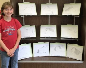 Sierra Ausfahl stands by the pencil sketches she has made to accompany her story of “Equinerica”, a book she is writing. The sketches are on display at the Metamora District Library. 