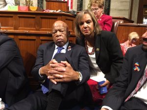 Chicago Congresswoman Robin Kelly was among the first to sit down on the House floor with Georgia Congressman John Lewis. (Photo courtesy Rep. Robin Kelly Twitter)