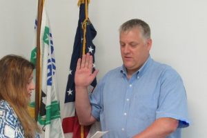 Mark Dzemske, Nunda Township assessor is sworn in by Township Clerk Angela Koscavage on May 31. Nunda has been the chief deputy at Nunda for the past 18 years and has worked side by side with Assessor Dennis Jagla, who retired on May 31. The Township Board of Trustees appointed Mark Dzemske as assessor.   