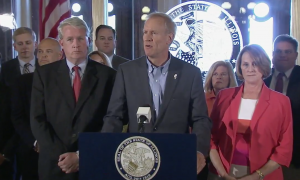 Gov. Bruce Rauner speaks at the Illinois State Capitol with Republican leaders Rep. Jim Durkin and Sen. Christine Radogno June 30. (Courtesy State of Illinois)