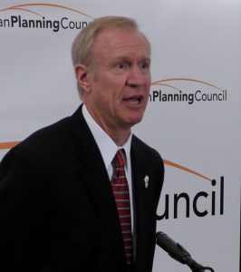 Gov. Bruce Rauner said term limits can change that “by changing the culture back to public service, not personal gain, by forcing the lifetime politicians to find new jobs and by bringing new faces and new ideas back to Springfield.”  (Photo by Steven Vance)