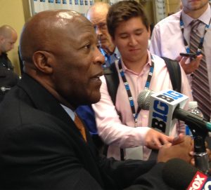 Former Chicago Bears head coach Lovie Smith addresses the media last week about his plans for leading the University of Illinois football program. (Photo by Jack McCarthy)