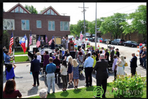 Melrose Park’s Veterans Village opened with a ribbon-cutting celebration in June. Funding set-aside mandates mean only one-third of units will actually go to veterans, organizers say. (Photo courtesy of A Safe Haven Foundation)