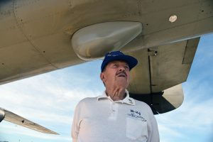 Howard Levinson of Glenview talks about his World War II service flying different bombers under the wing of a B-25 Mitchell “Tondelayo” bomber.