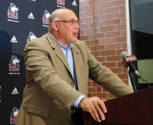 Northern Illinois athletic director Sean Frazier talks about Northern Illinois football and other sports during the Huskies’ DeKalb media day last week. (Photo by Jack McCarthy / Chronicle Media)