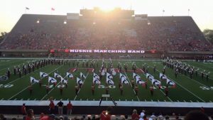 The Northern Illinois University Huskie Marching Band performs. The band will lead new students and their families to Huskie Stadium Aug. 19 during a new event, the Huskie Fall Kick-Off. (Photo courtesy of Huskie Marching Band) 