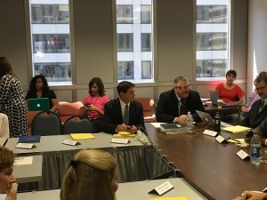 Republican State Sen. Jason Barickman of Normal (center) attends a bipartisan commission tasked with recommending a comprehensive solution to reform Illinois’ school funding formula.