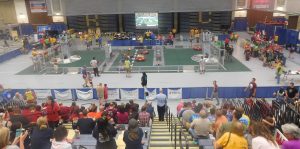 An overview of the playing field while teams maneuver a robot during the Rock River Off-Season robotics competition July 30. 