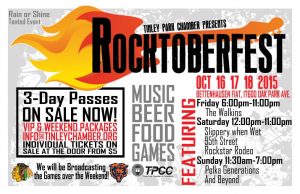 The Tinley Park Chamber of Commerce Rocktoberfest will be held from 6-11 p.m. Sept. 30, noon to 11 p.m. Oct.1 and 11 a.m. to 8 p.m. Oct. 2 in the parking lot at Bettenhausen Fiat, 17600 Oak Park Ave.