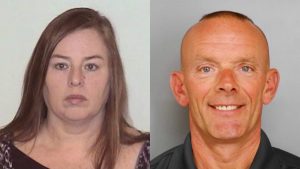 Melodie Gliniewicz, as she appeared in a January booking photo, and her husband, Lt. Charles Joseph Gliniewicz in a file photo. Legislation was introduced in the Illinois House to disqualify survivor pension benefits for beneficiaries involved in crimes associated to the public official. 