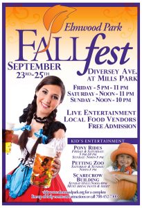 The Elmwood Park Fall Fest will be held from 5-11 p.m. Sept. 23, noon to 11 p.m. Sept. 24 and noon to 10 p.m. Sept. 25 at Mills Park, located at 76th and Diversey avenues.