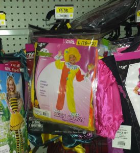 A little girl's clown costume still sits on the shelf at Walmart in Montgomery. Several local parents have made the decision not to allow their children to dress as clowns this Halloween in the wake of creepy clown sightings that have occurred across the nation. (Photo by Erika Wurst / for Chronicle Media)