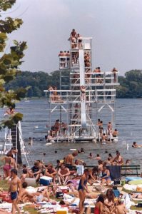 The iconic "J-Slide" was designed by a structural engineer, Stanley Jachec, whose family purchased the property that became Sunnyhill Beach. The popular site, and its landmark slide and platform on Wauconda's Bangs Lake, closed in 1992. 