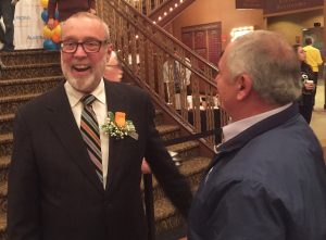  Aurora Mayor Tom Weisner greets a well-wisher (left) during a three-plus hour farewell reception attended by more than 1,000 people last weekat the Paramount Theater. (Photos by Jack McCarthy / Chronicle Media). 