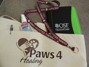 Pooch pouch — Volunteers with the Paws for Healing program at OSF SAMC carrysupplies for their patient visits in this pouch. (Photo by Lynne Conner/for Chronicle Media) 